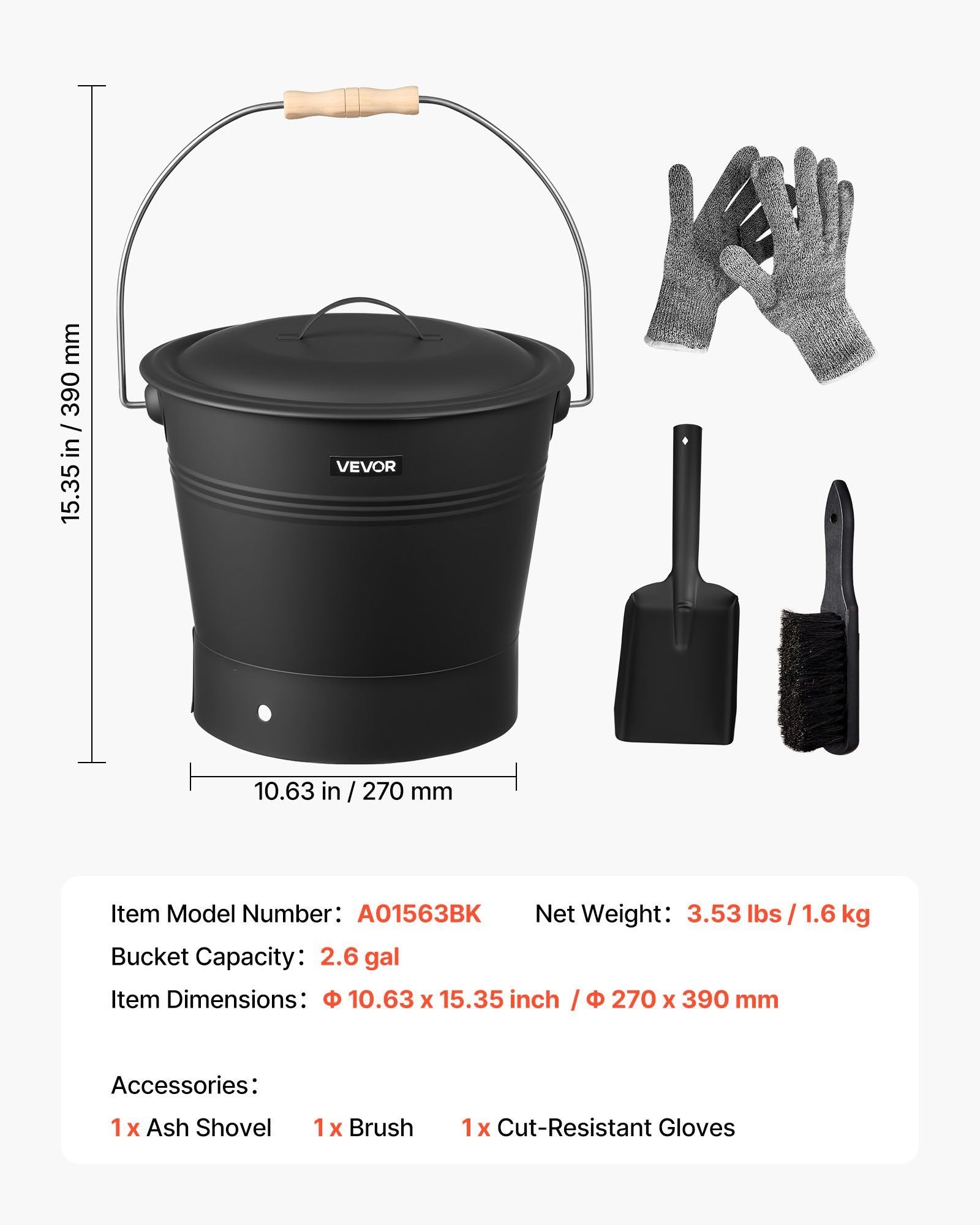 Ash Bucket, 4 PCS with Lid, Shovel, Broom and Gloves, Metal Fireplace Charcoal Bucket and Ash Can, 9.8L Large Capacity for Fireplace, Fire Pits, Wood Burning Stoves, Indoor and Outdoor