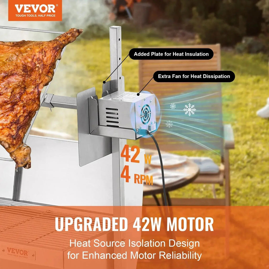 VEVOR Rotisserie Grill with Windscreen, BBQ Whole Pig Lamb Goat Charcoal Spit Grill, 35 Inch 90 Lbs Capacity, Electric 42W Motor Stainless Steel Roaster with Lockable Wheels, for Camping Outdoor - BBQ Backyard Supply Co
