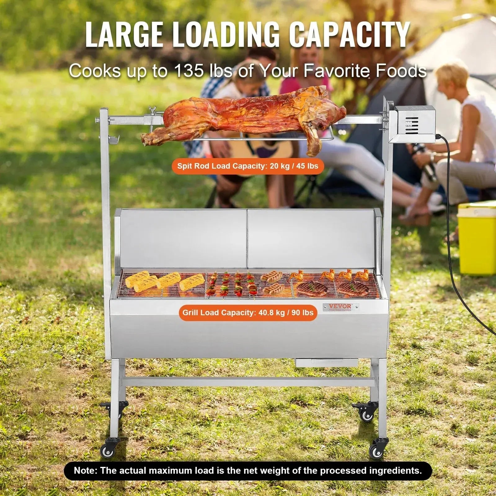 VEVOR Rotisserie Grill with Windscreen, BBQ Whole Pig Lamb Goat Charcoal Spit Grill, 35 Inch 90 Lbs Capacity, Electric 42W Motor Stainless Steel Roaster with Lockable Wheels, for Camping Outdoor - BBQ Backyard Supply Co