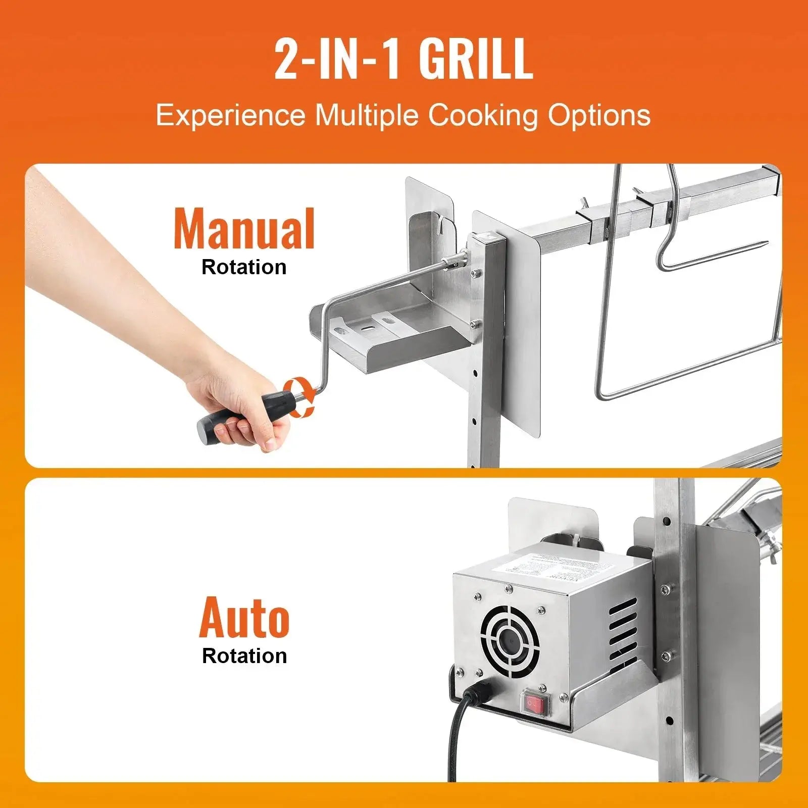 VEVOR Rotisserie Grill with Windscreen, BBQ Whole Pig Lamb Goat Charcoal Spit Grill, 35 Inch 90 Lbs Capacity, Electric 42W Motor Stainless Steel Roaster with Lockable Wheels, for Camping Outdoor - BBQ Backyard Supply Co