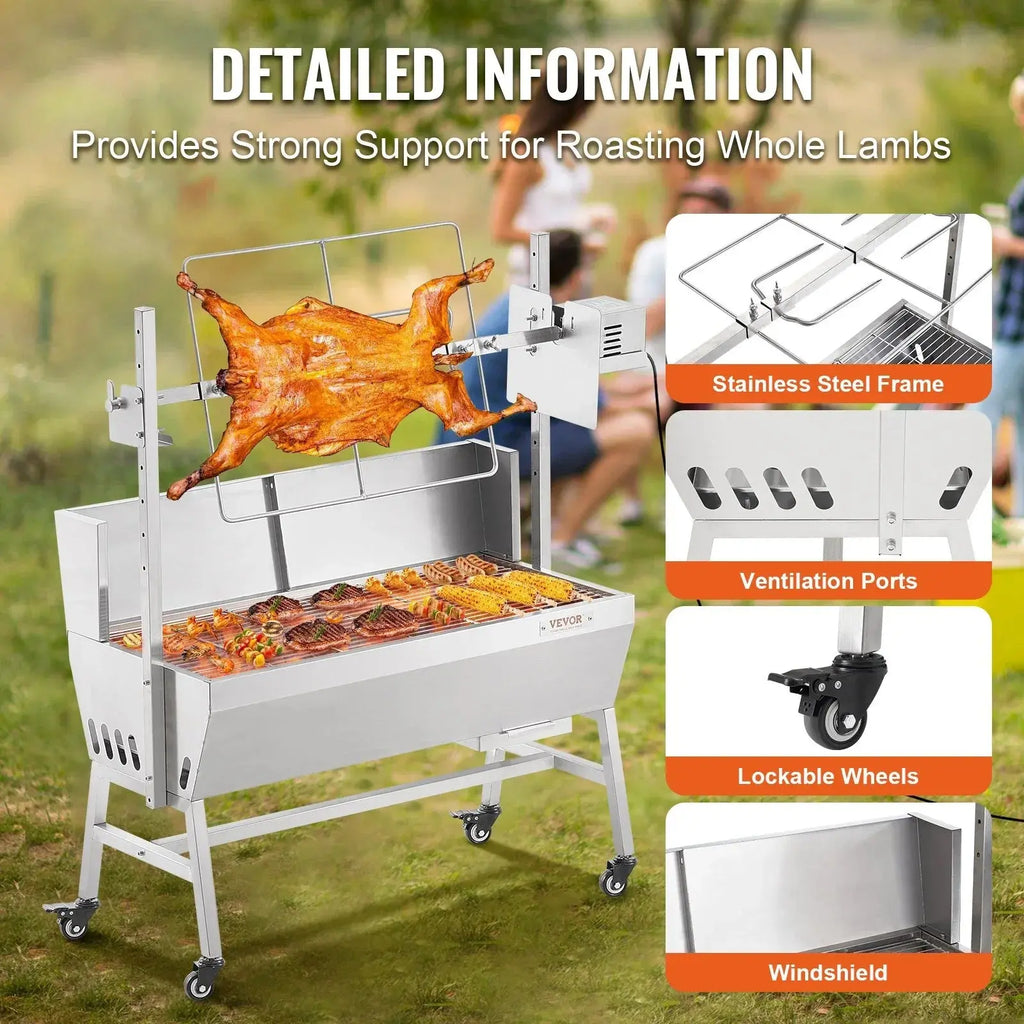 VEVOR Rotisserie Grill with Windscreen, BBQ Whole Pig Lamb Goat Charcoal Spit Grill, 35 Inch 90 Lbs Capacity, Electric 42W Motor Stainless Steel Roaster with Lockable Wheels, for Camping Outdoor - BBQ Backyard Supply Co