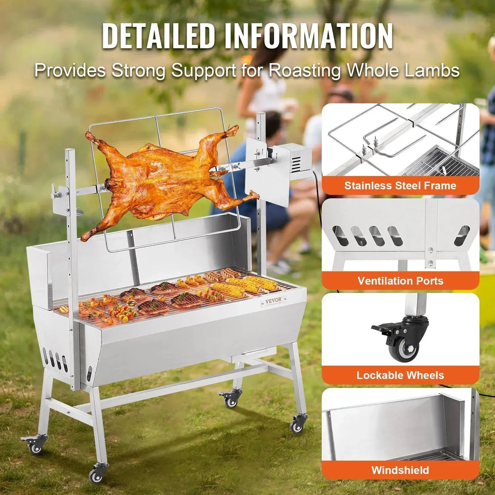 VEVOR Rotisserie Grill with Windscreen, BBQ Whole Pig Lamb Goat Charcoal Spit Grill, 35 Inch 90 Lbs Capacity, Electric 42W Motor Stainless Steel Roaster with Lockable Wheels, for Camping Outdoor - BBQ Backyard Supply Co