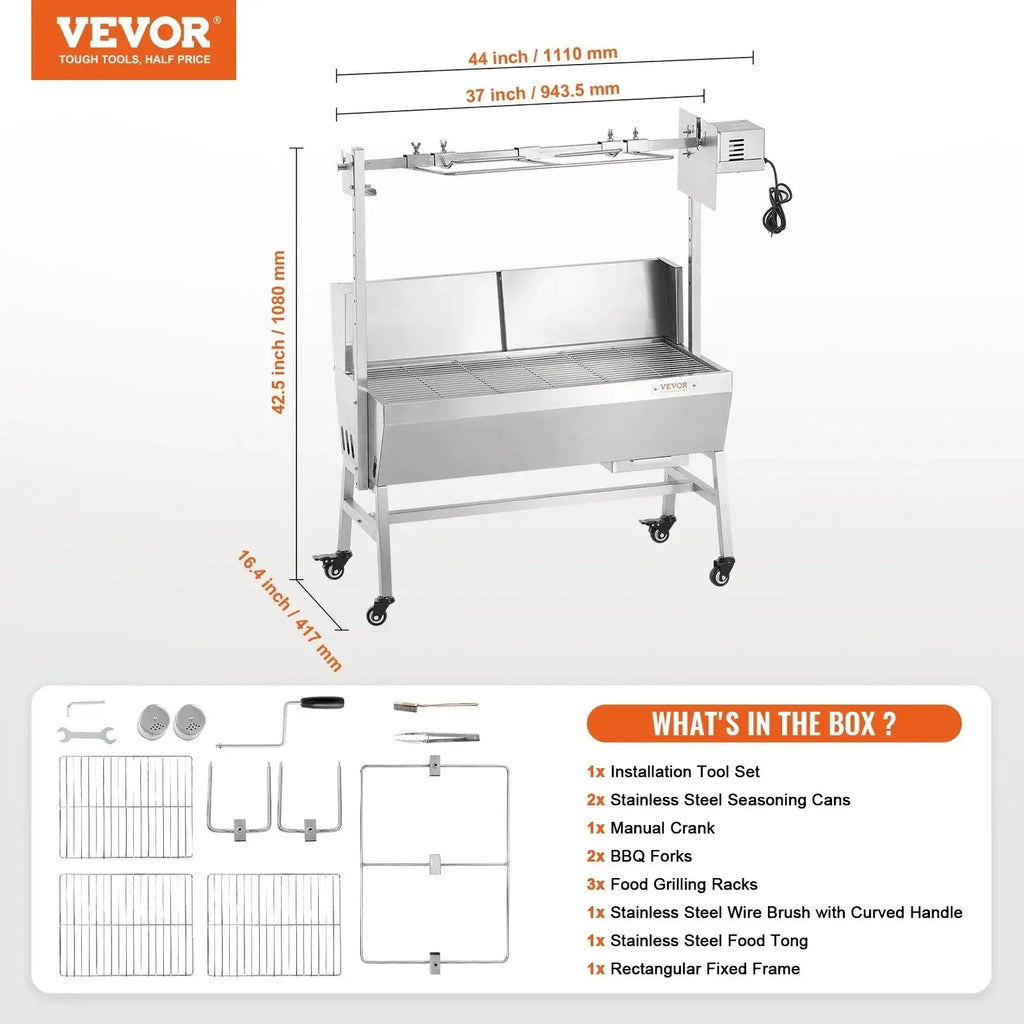 VEVOR Rotisserie Grill with Windscreen, BBQ Whole Pig Lamb Goat Charcoal Spit Grill, 35 Inch 90 Lbs Capacity, Electric 42W Motor Stainless Steel Roaster with Lockable Wheels, for Camping Outdoor - BBQ Backyard Supply Co