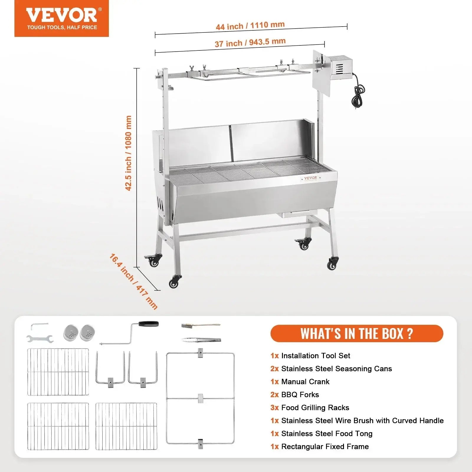 VEVOR Rotisserie Grill with Windscreen, BBQ Whole Pig Lamb Goat Charcoal Spit Grill, 35 Inch 90 Lbs Capacity, Electric 42W Motor Stainless Steel Roaster with Lockable Wheels, for Camping Outdoor - BBQ Backyard Supply Co