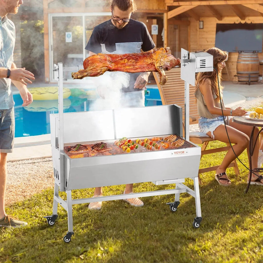 VEVOR Rotisserie Grill with Windscreen, BBQ Whole Pig Lamb Goat Charcoal Spit Grill, 35 Inch 90 Lbs Capacity, Electric 42W Motor Stainless Steel Roaster with Lockable Wheels, for Camping Outdoor - BBQ Backyard Supply Co