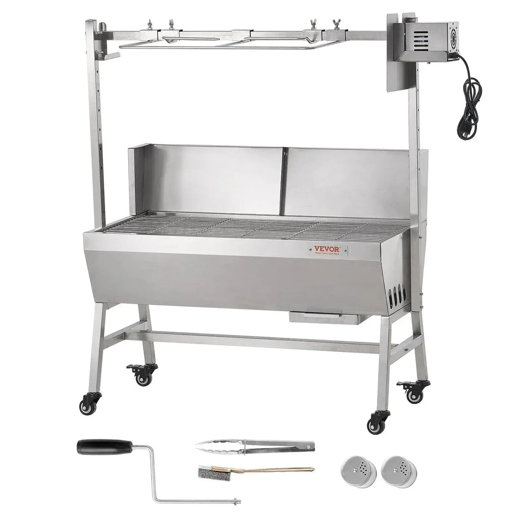 VEVOR Rotisserie Grill with Windscreen, BBQ Whole Pig Lamb Goat Charcoal Spit Grill, 35 Inch 90 Lbs Capacity, Electric 42W Motor Stainless Steel Roaster with Lockable Wheels, for Camping Outdoor - BBQ Backyard Supply Co