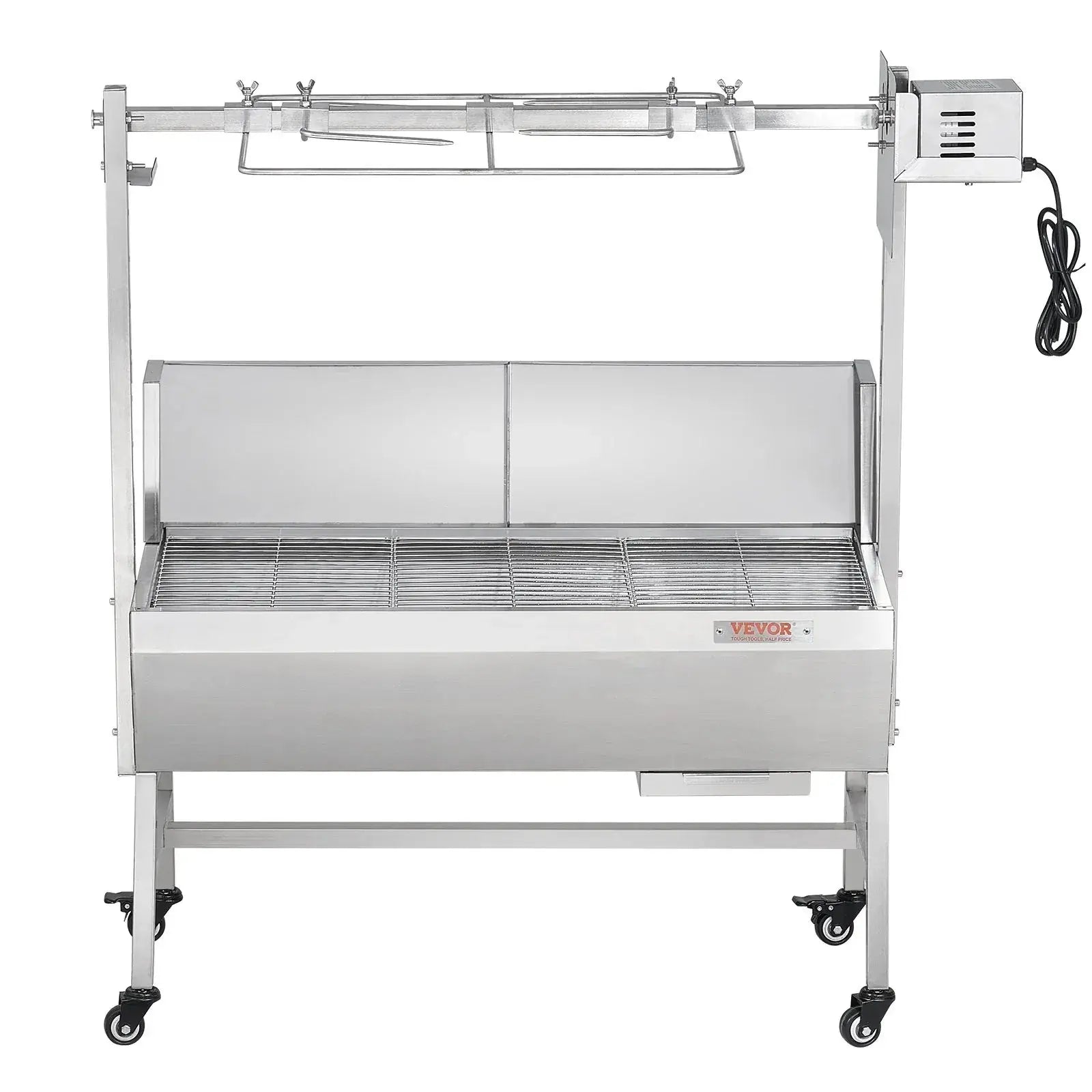 VEVOR Rotisserie Grill with Windscreen, BBQ Whole Pig Lamb Goat Charcoal Spit Grill, 35 Inch 90 Lbs Capacity, Electric 42W Motor Stainless Steel Roaster with Lockable Wheels, for Camping Outdoor - BBQ Backyard Supply Co