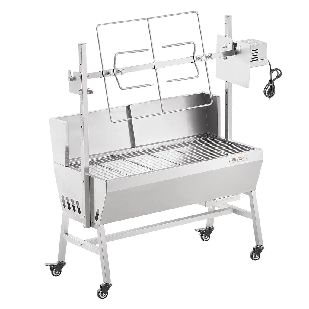 VEVOR Rotisserie Grill with Windscreen, BBQ Whole Pig Lamb Goat Charcoal Spit Grill, 35 Inch 90 Lbs Capacity, Electric 42W Motor Stainless Steel Roaster with Lockable Wheels, for Camping Outdoor - BBQ Backyard Supply Co